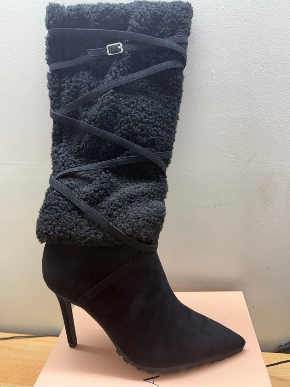 Thalia Sodi RIKKA Black Faux-Shearling Wrap Stiletto Knee Boots women Size 8 NWT